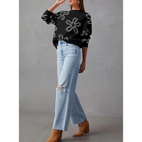 Women's Floral Print Cable Knit Sweater Crew Neck Long Sleeve Fall Winter - Picture 4 of 6